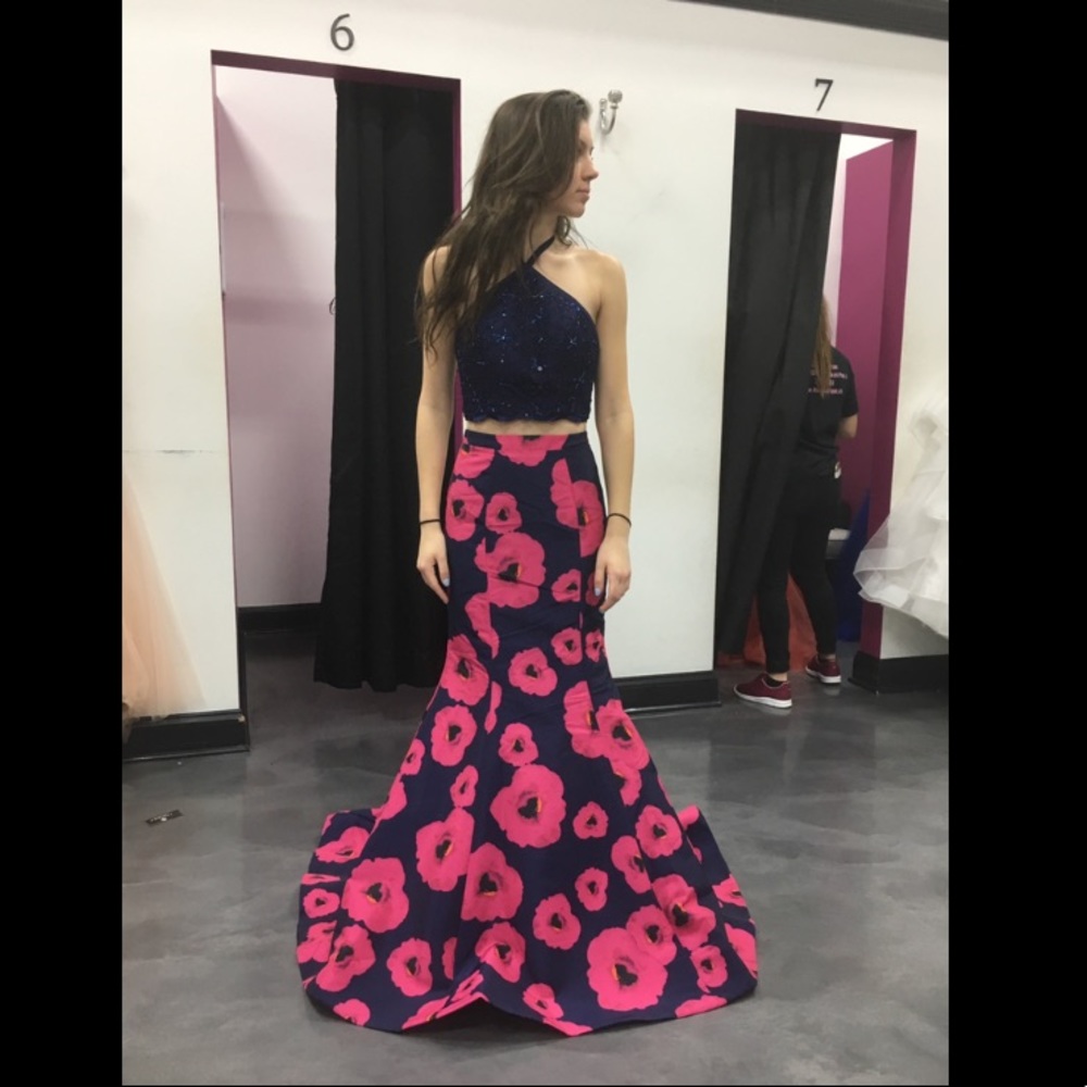 Navy and Pink Flowered Prom Dress - Picture 1 of 1